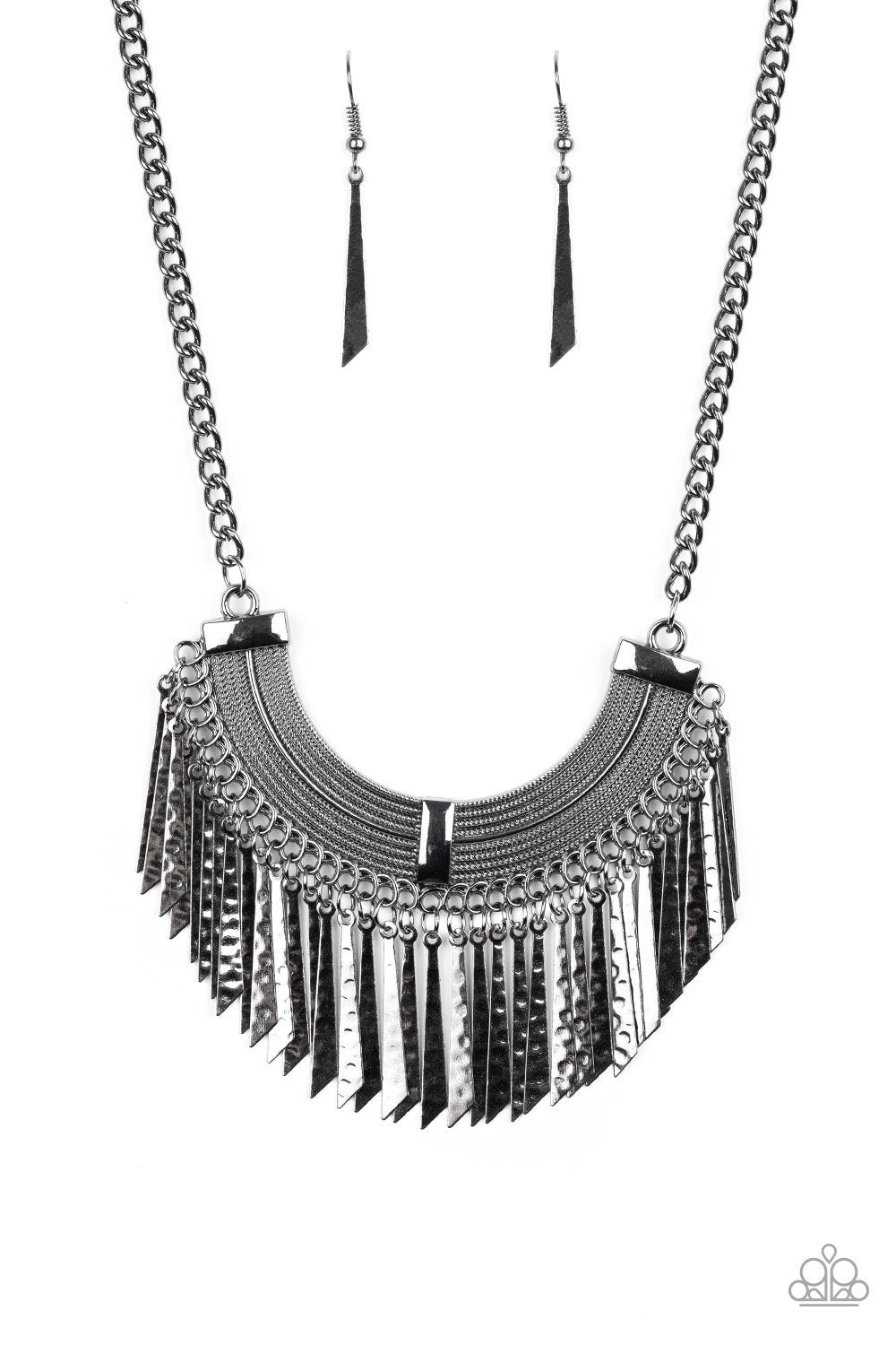 Impressively Incan Gunmetal Black Hammered Fringe Necklace - Paparazzi Accessories - free matching earrings -CarasShop.com - Paparazzi Jewelry by Cara Jewels