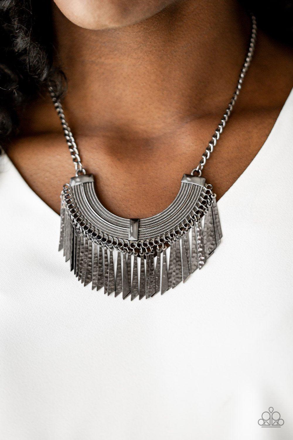 Impressively Incan Gunmetal Black Hammered Fringe Necklace - Paparazzi Accessories- lightbox - CarasShop.com - Paparazzi Jewelry by Cara Jewels