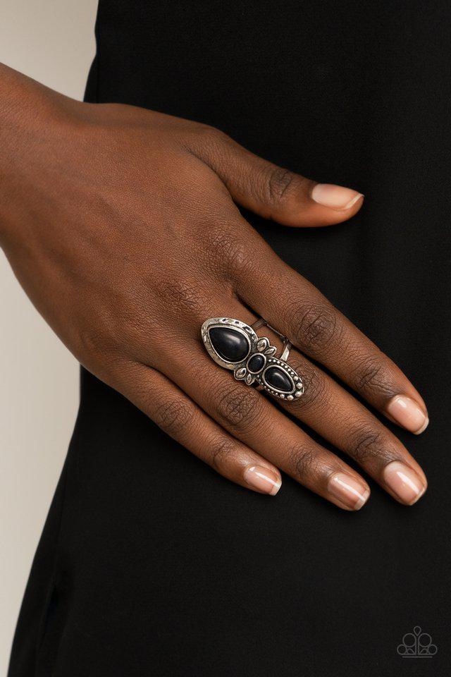 In A BADLANDS Mood Black Stone Ring - Paparazzi Accessories- on model - CarasShop.com - Paparazzi Jewelry by Cara Jewels