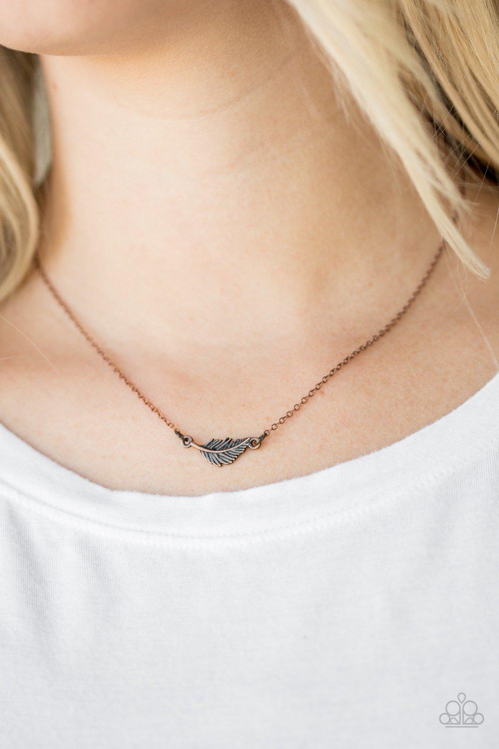 In-Flight Fashion Copper Feather Necklace - Paparazzi Accessories- lightbox - CarasShop.com - Paparazzi Jewelry by Cara Jewels