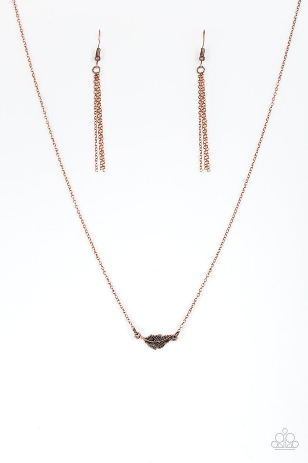 In-Flight Fashion Copper Feather Necklace - Paparazzi Accessories- on model - CarasShop.com - Paparazzi Jewelry by Cara Jewels