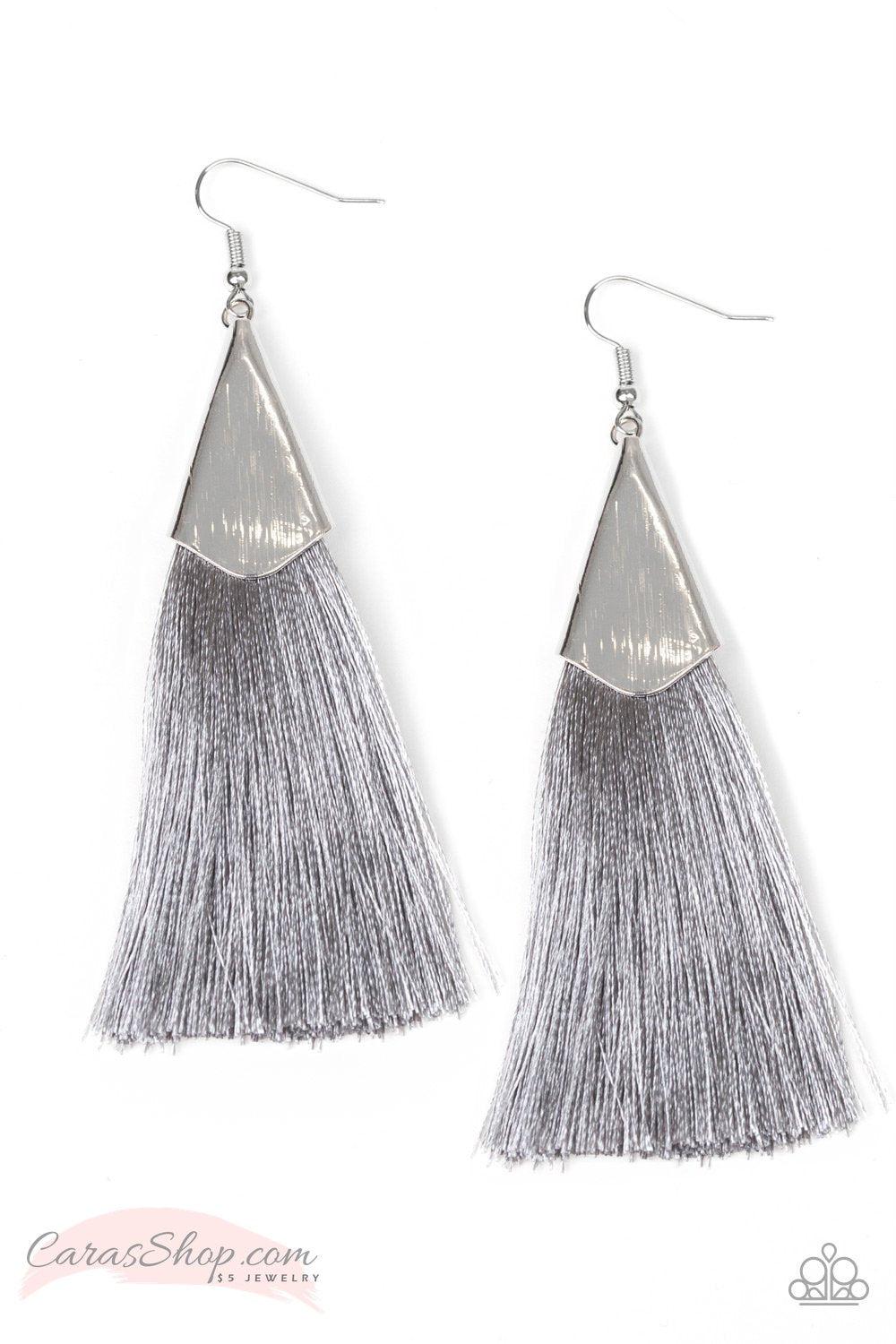 In Full PLUME Silver Tassel Earrings - Paparazzi Accessories- lightbox - CarasShop.com - Paparazzi Jewelry by Cara Jewels