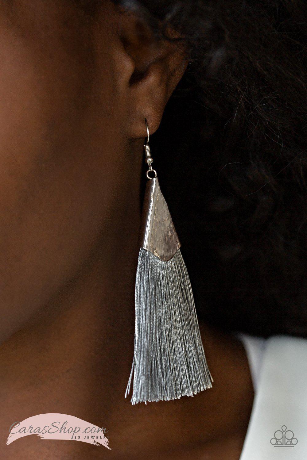 In Full PLUME Silver Tassel Earrings - Paparazzi Accessories- on model - CarasShop.com - Paparazzi Jewelry by Cara Jewels