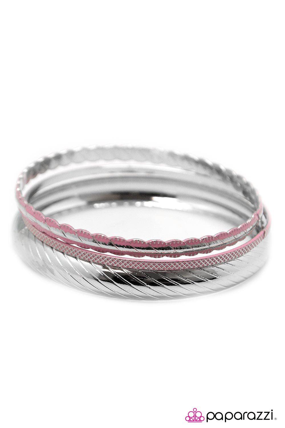 In High Spirits Pink and Silver Bangle Bracelet Set - Paparazzi Accessories- on model - CarasShop.com - Paparazzi Jewelry by Cara Jewels