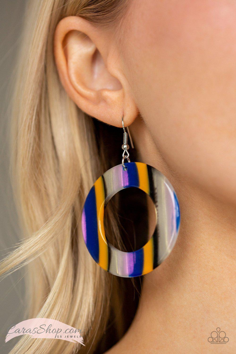In Retrospect - Blue Multi-color Acrylic Earrings - Paparazzi Accessories- on model - CarasShop.com - Paparazzi Jewelry by Cara Jewels
