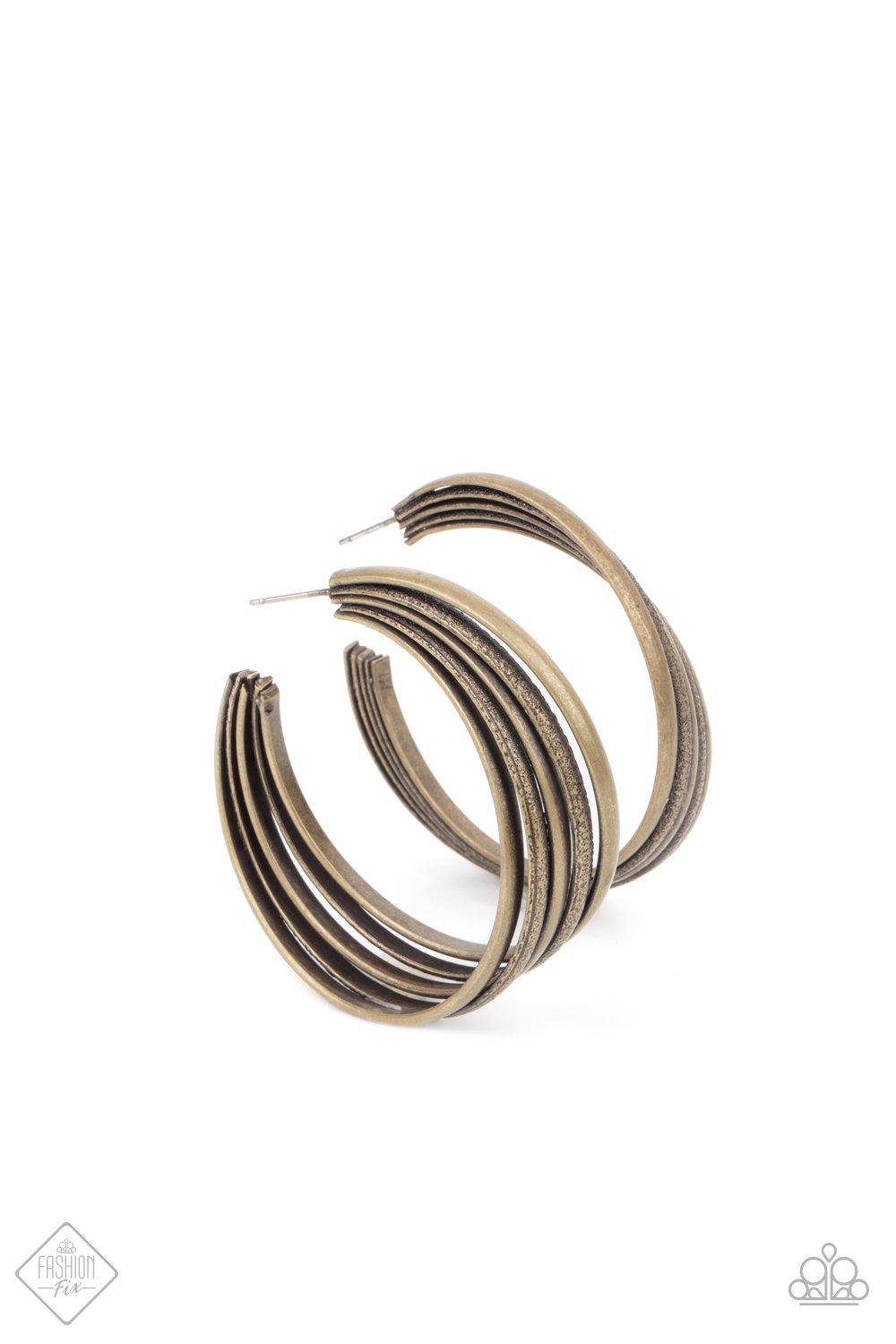 In Sync Brass Hoop Earrings - Paparazzi Accessories- lightbox - CarasShop.com - Paparazzi Jewelry by Cara Jewels