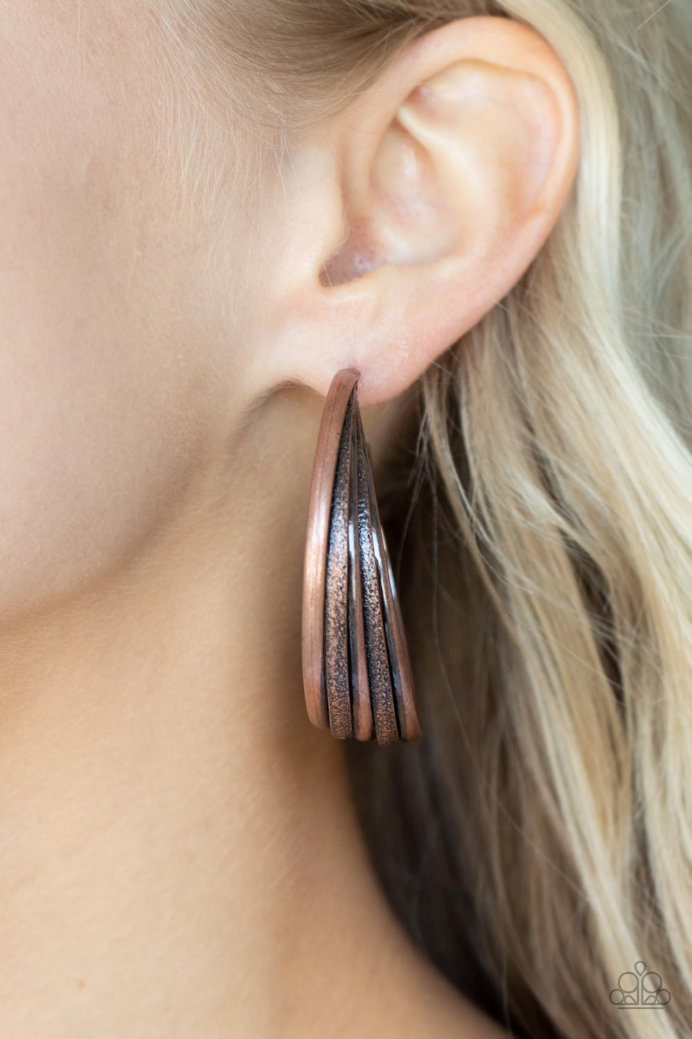 In Sync Copper Hoop Earrings - Paparazzi Accessories- on model - CarasShop.com - Paparazzi Jewelry by Cara Jewels