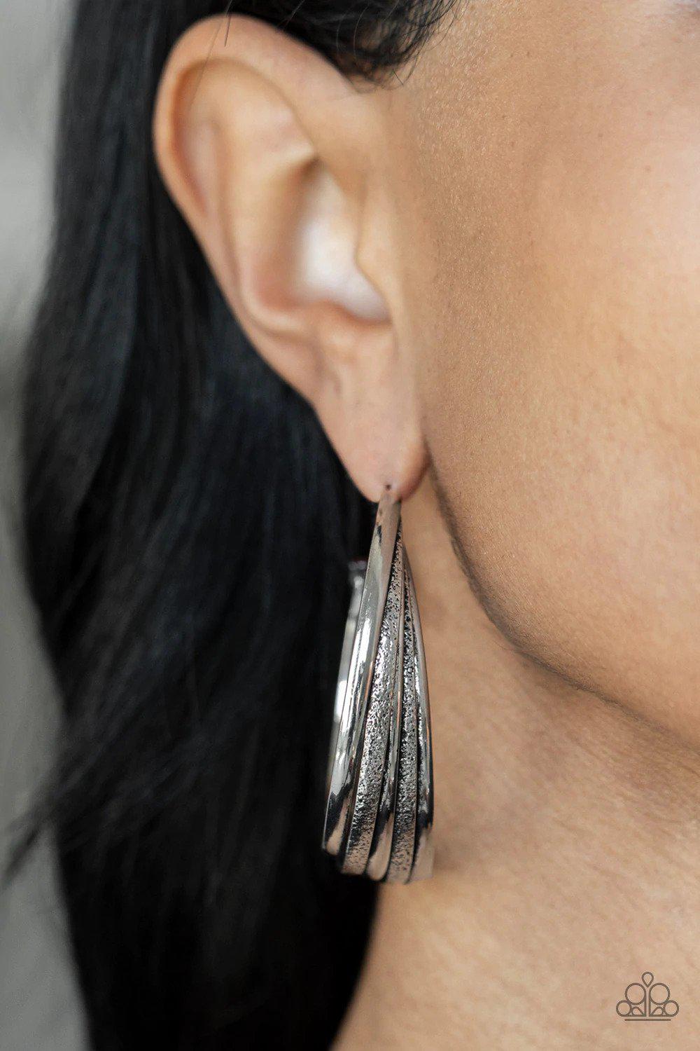In Sync Silver Hoop Earrings - Paparazzi Accessories- lightbox - CarasShop.com - Paparazzi Jewelry by Cara Jewels
