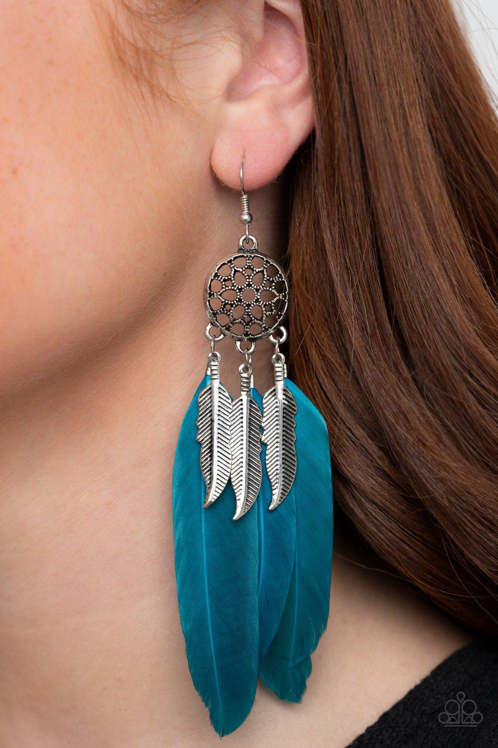 In Your Wildest DREAM-CATCHERS Blue Feather Earrings - Paparazzi Accessories- lightbox - CarasShop.com - Paparazzi Jewelry by Cara Jewels