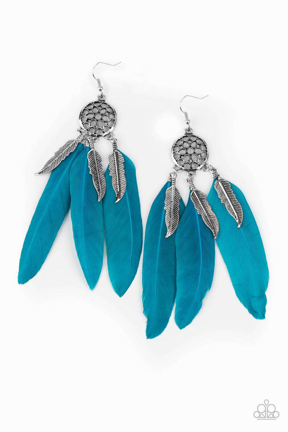 In Your Wildest DREAM-CATCHERS Blue Feather Earrings - Paparazzi Accessories- on model - CarasShop.com - Paparazzi Jewelry by Cara Jewels