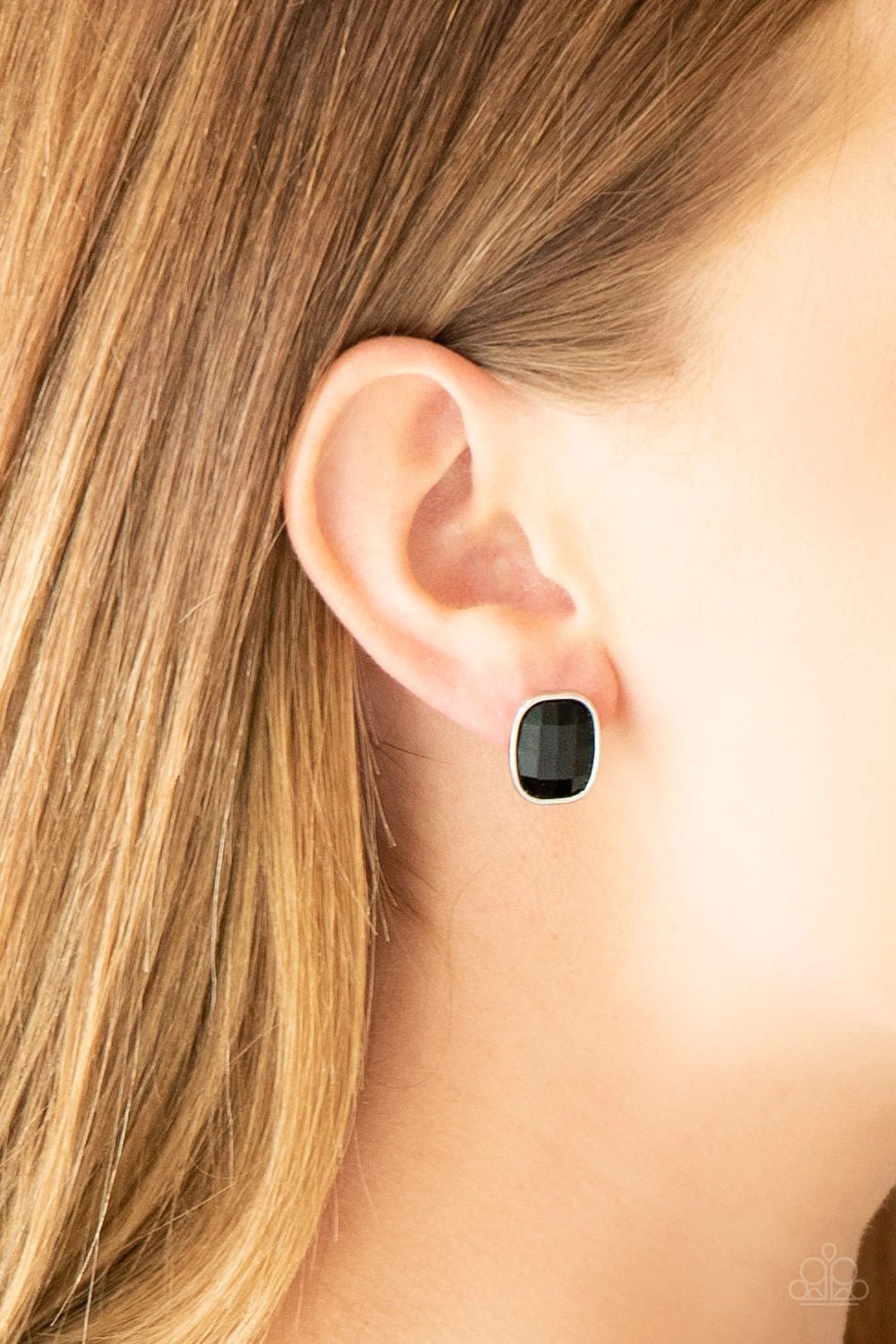 Incredibly Iconic Black Post Earrings - Paparazzi Accessories- on model - CarasShop.com - Paparazzi Jewelry by Cara Jewels