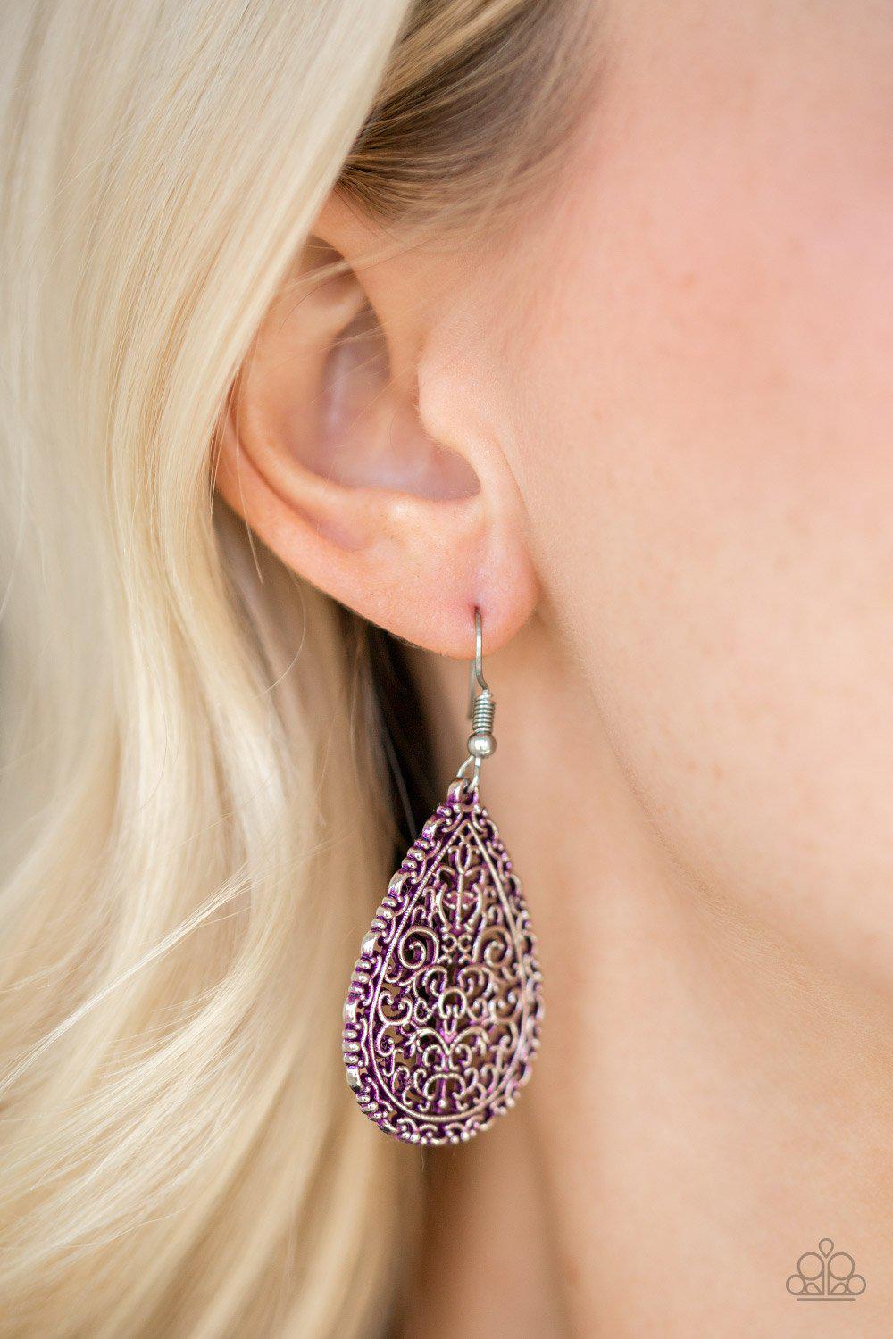 Indie Idol Purple Earrings - Paparazzi Accessories- on model - CarasShop.com - Paparazzi Jewelry by Cara Jewels