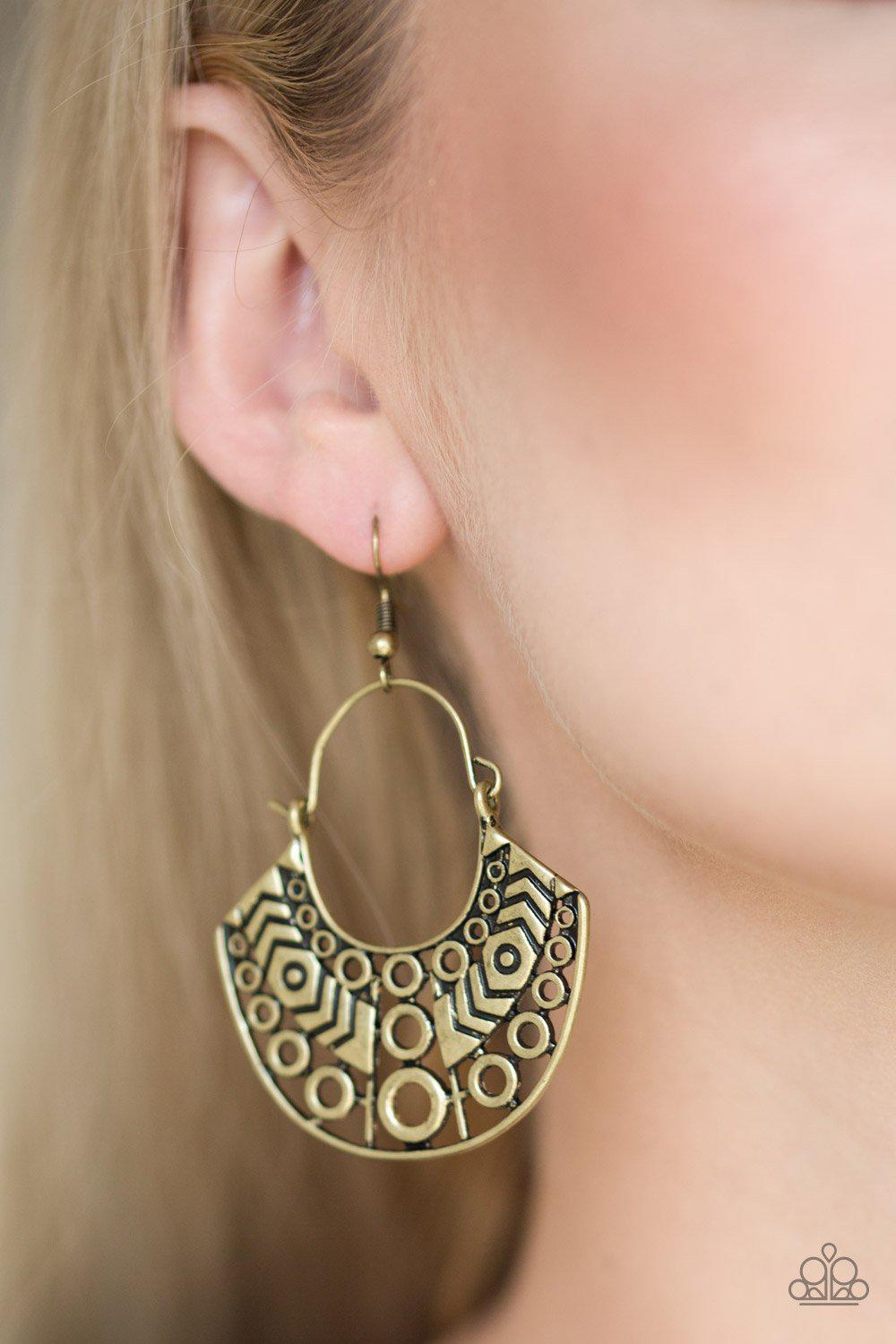 Indigenous Idol Brass Earrings - Paparazzi Accessories- lightbox - CarasShop.com - Paparazzi Jewelry by Cara Jewels