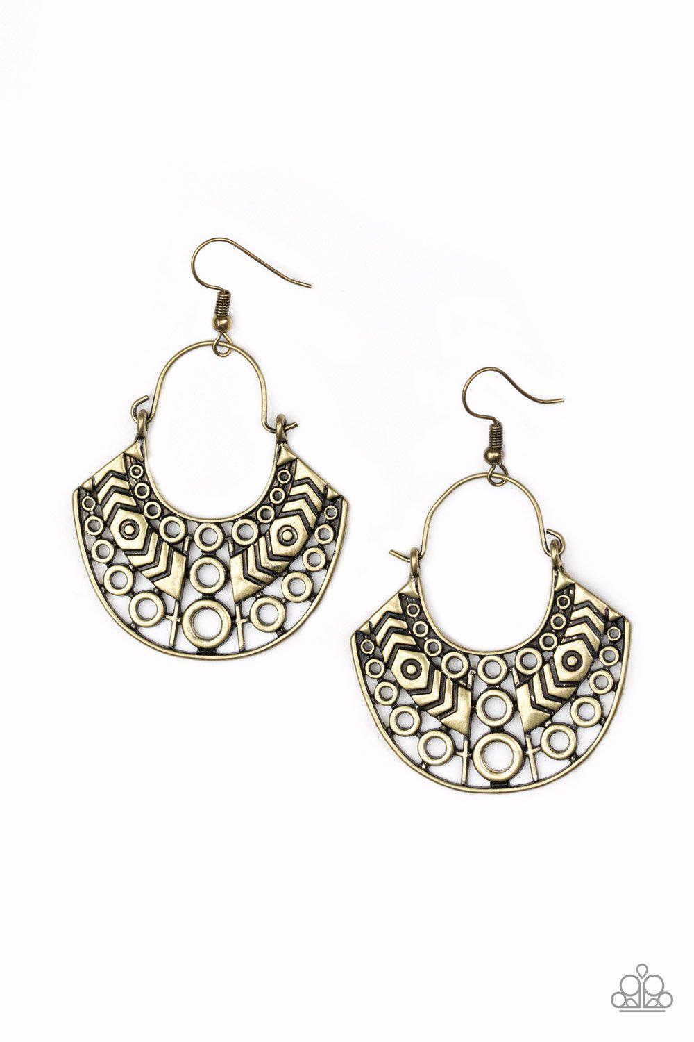 Indigenous Idol Brass Earrings - Paparazzi Accessories- on model - CarasShop.com - Paparazzi Jewelry by Cara Jewels