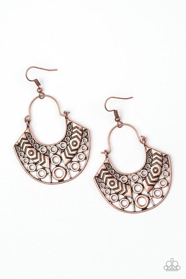 Indigenous Idol Copper Earrings - Paparazzi Accessories- on model - CarasShop.com - Paparazzi Jewelry by Cara Jewels