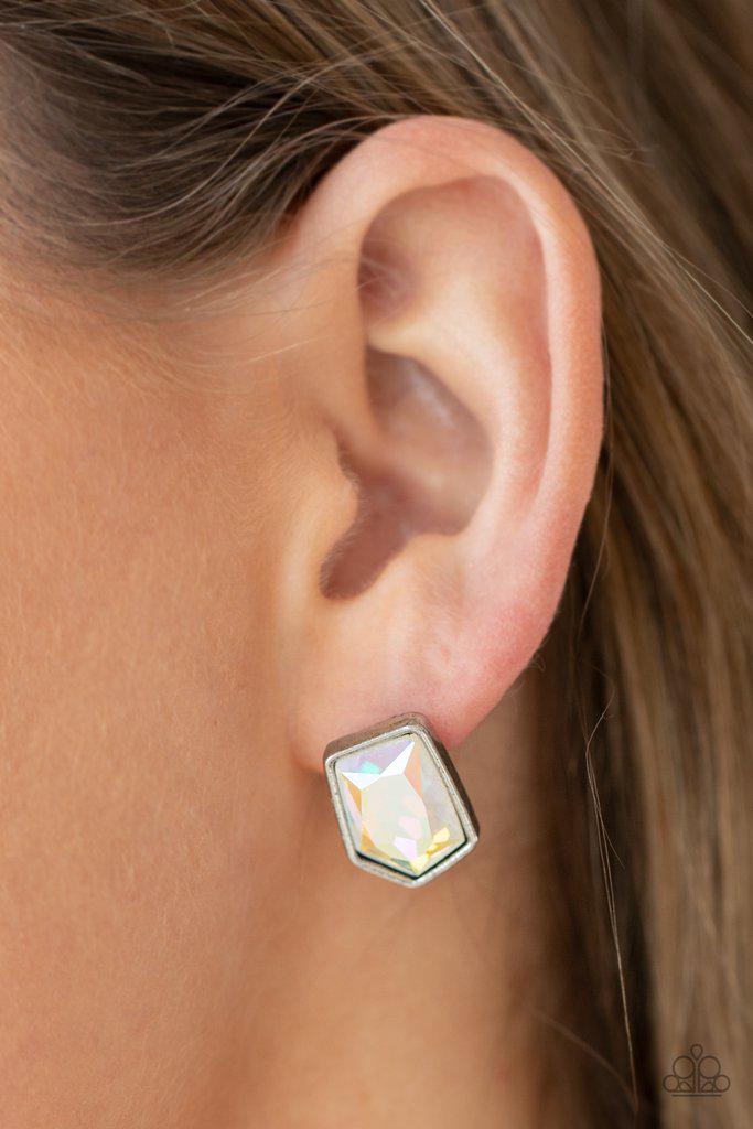 Indulge Me Multi Iridescent Rhinestone Earrings - Paparazzi Accessories- on model - CarasShop.com - Paparazzi Jewelry by Cara Jewels