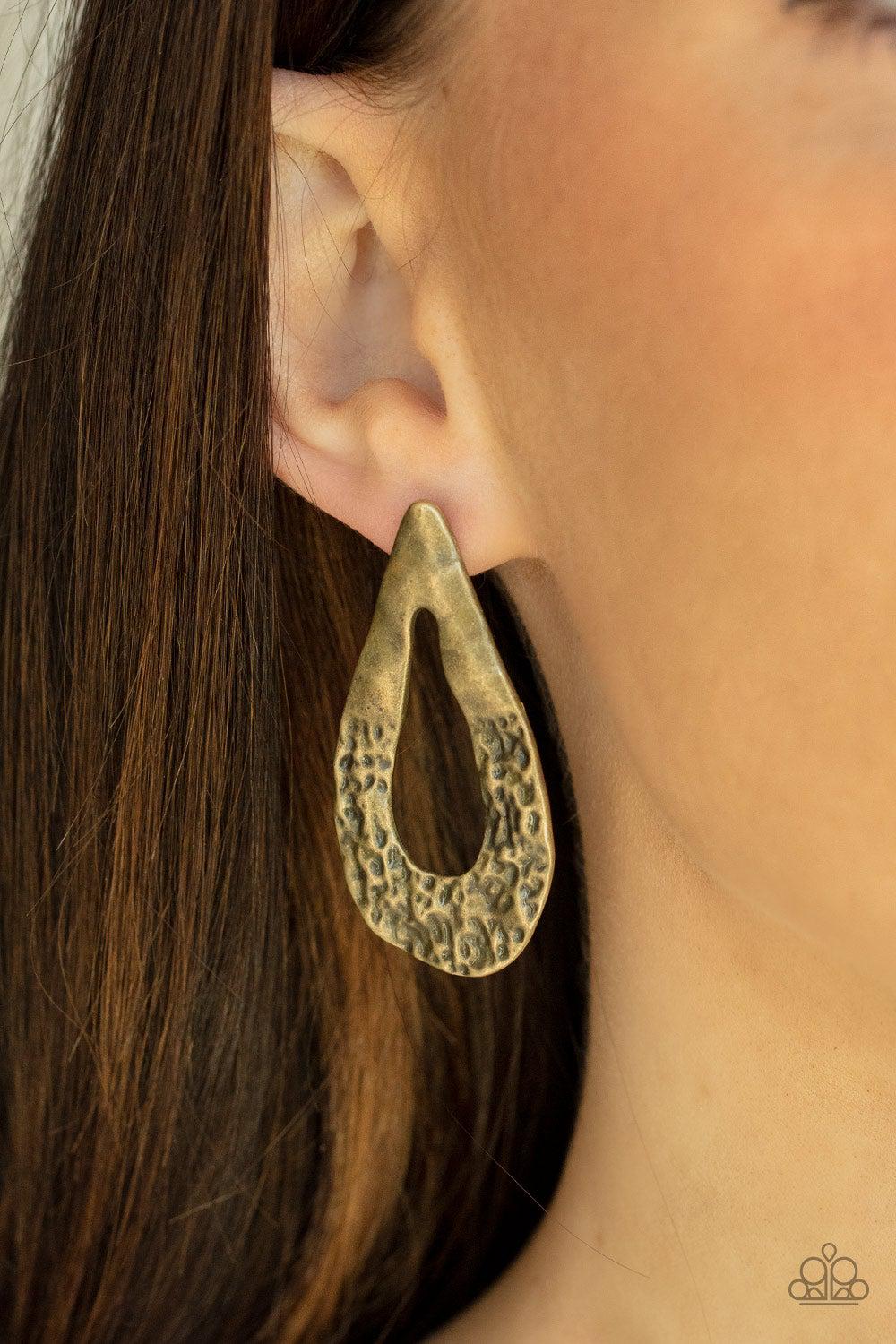 Industrial Antiquity Brass Earrings - Paparazzi Accessories- on model - CarasShop.com - Paparazzi Jewelry by Cara Jewels
