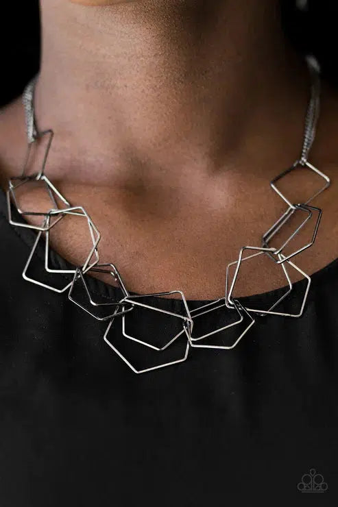 Industrial Chaos Gunmetal Black Necklace - Paparazzi Accessories- on model - CarasShop.com - Paparazzi Jewelry by Cara Jewels