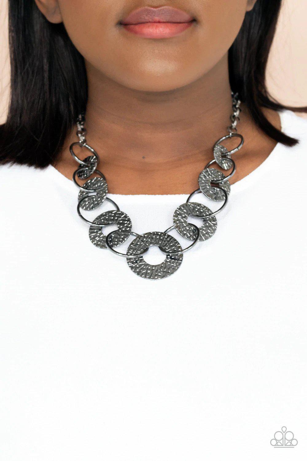 Industrial Envy Gunmetal Black Necklace - Paparazzi Accessories- on model - CarasShop.com - Paparazzi Jewelry by Cara Jewels