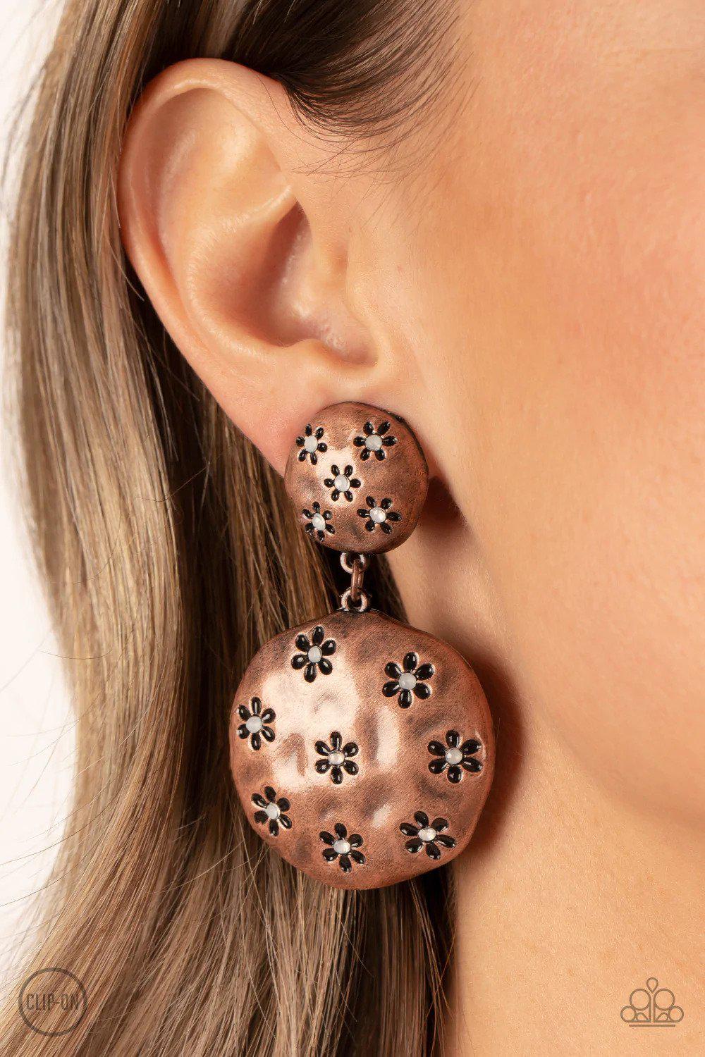 Industrial Fairytale Copper Clip-On Earrings - Paparazzi Accessories- on model - CarasShop.com - Paparazzi Jewelry by Cara Jewels