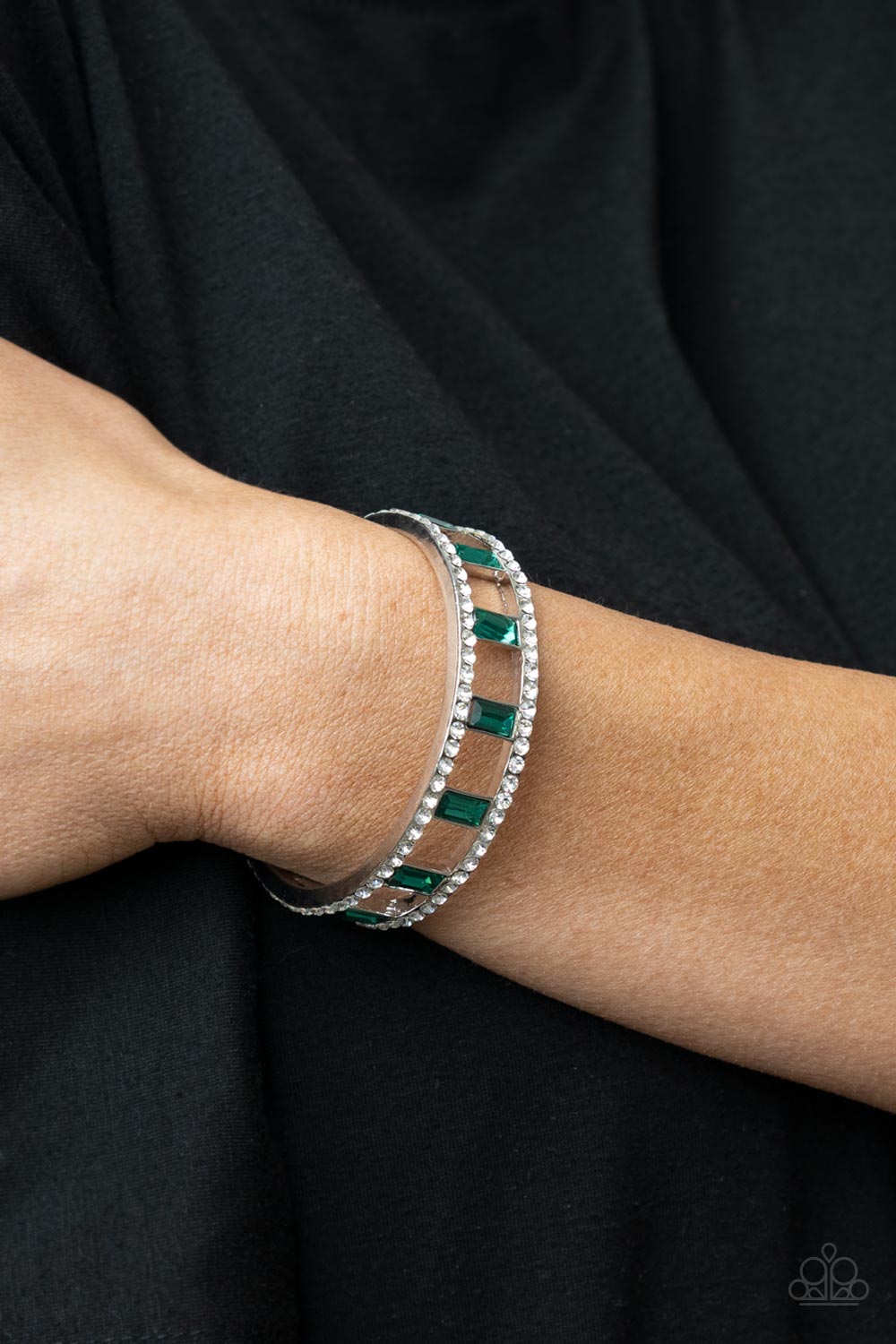 Industrial Icing Green Rhinestone Cuff Bracelet - Paparazzi Accessories- lightbox - CarasShop.com - Paparazzi Jewelry by Cara Jewels