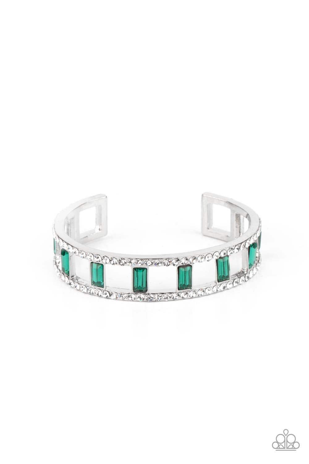 Industrial Icing Green Rhinestone Cuff Bracelet - Paparazzi Accessories- on model - CarasShop.com - Paparazzi Jewelry by Cara Jewels