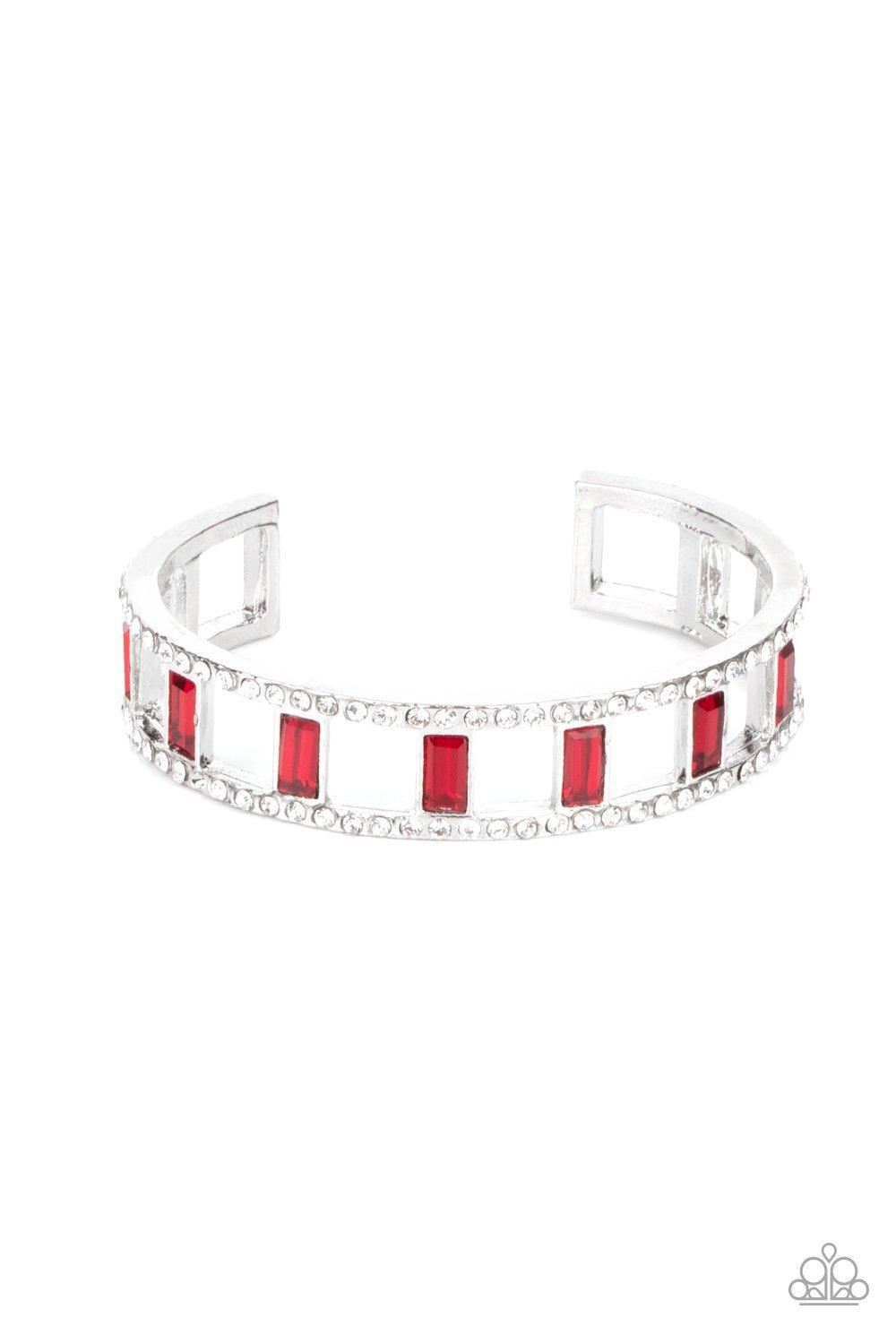 Industrial Icing Red and White Rhinestone Cuff Bracelet - Paparazzi Accessories- lightbox - CarasShop.com - Paparazzi Jewelry by Cara Jewels