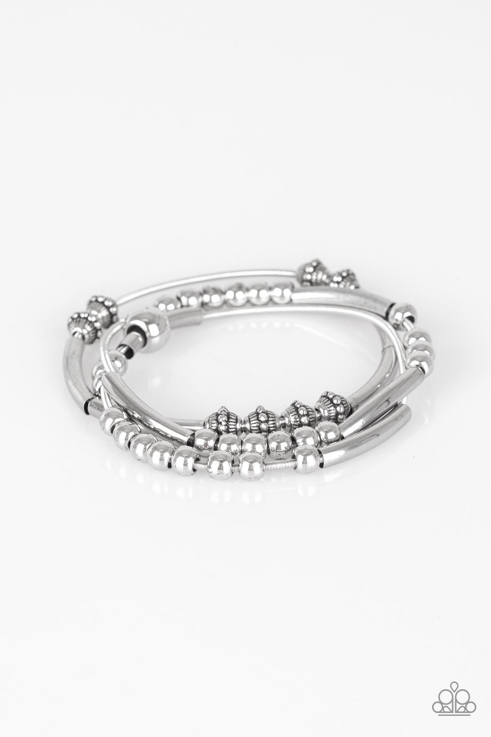 Industrial Instincts Silver Stretch Bracelet Set - Paparazzi Accessories- on model - CarasShop.com - Paparazzi Jewelry by Cara Jewels