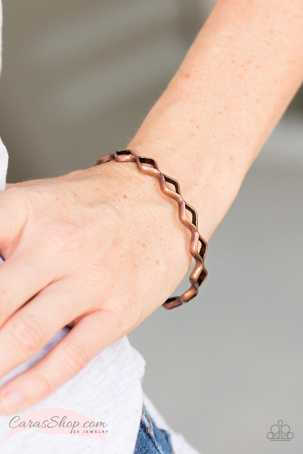 Industrial Movement Copper Bangle Bracelet - Paparazzi Accessories- on model - CarasShop.com - Paparazzi Jewelry by Cara Jewels