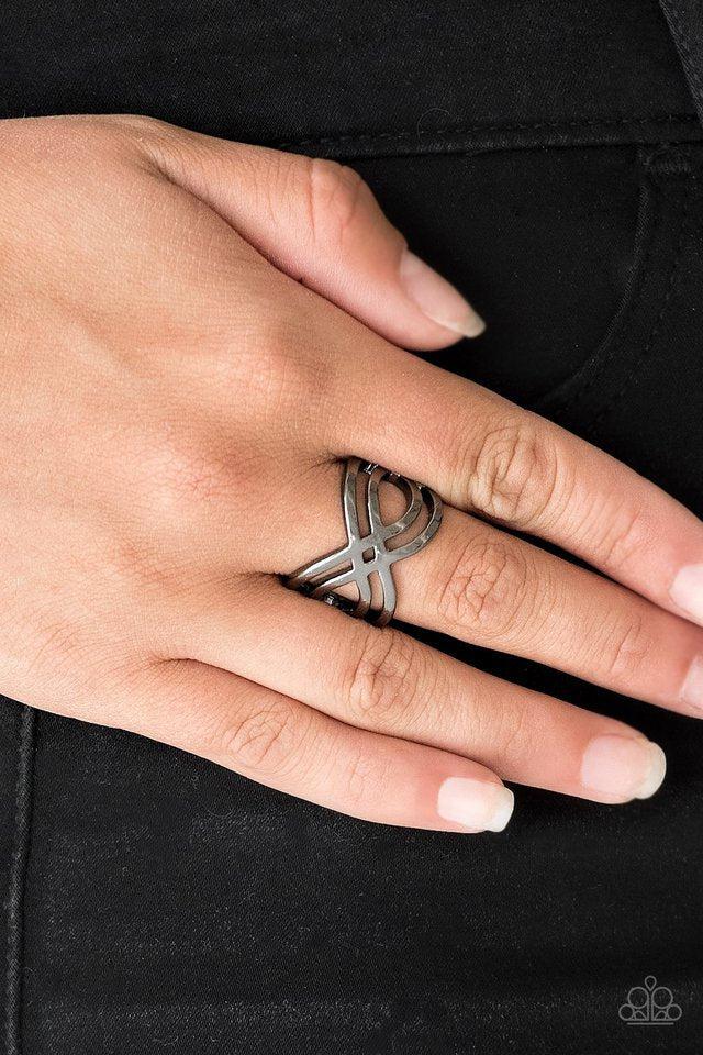 Infinite Fashion Gunmetal Black Ring - Paparazzi Accessories- on model - CarasShop.com - Paparazzi Jewelry by Cara Jewels