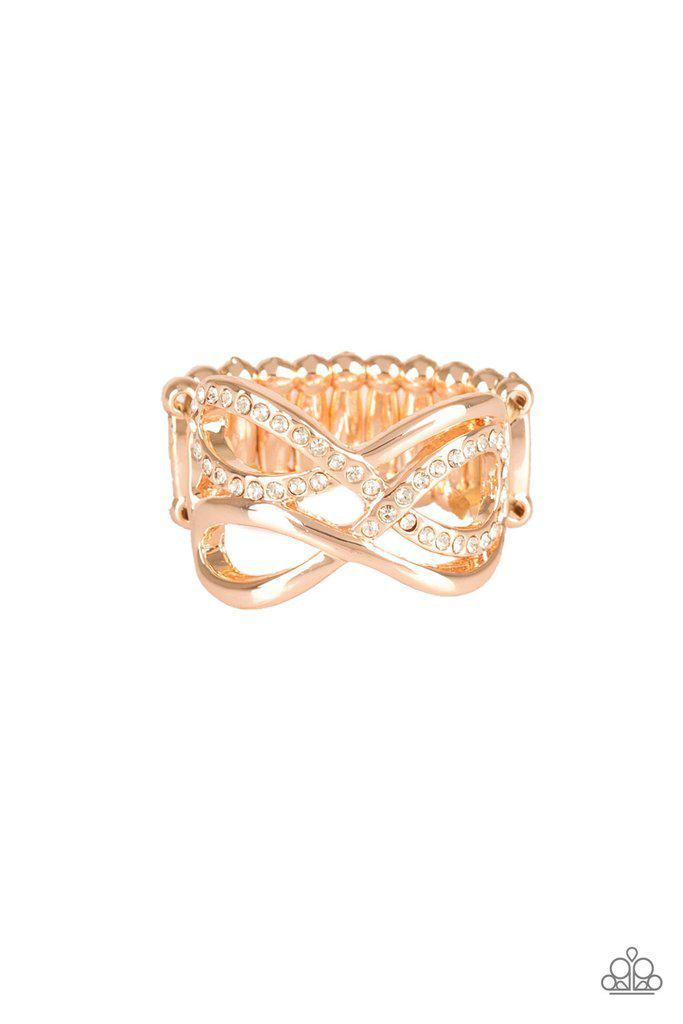 Infinite Illumination Rose Gold and White Rhinestone Ring - Paparazzi Accessories- on model - CarasShop.com - Paparazzi Jewelry by Cara Jewels