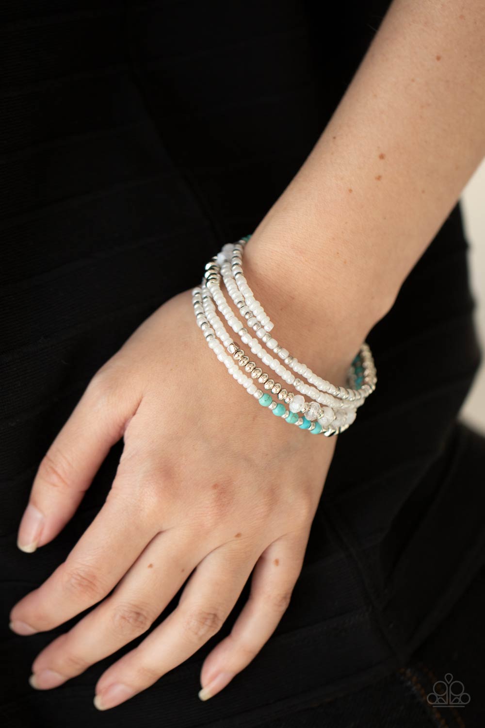 Infinitely Dreamy White and Turquoise Seed Bead Infinity Wrap Bracelet - Paparazzi Accessories- on model - CarasShop.com - Paparazzi Jewelry by Cara Jewels