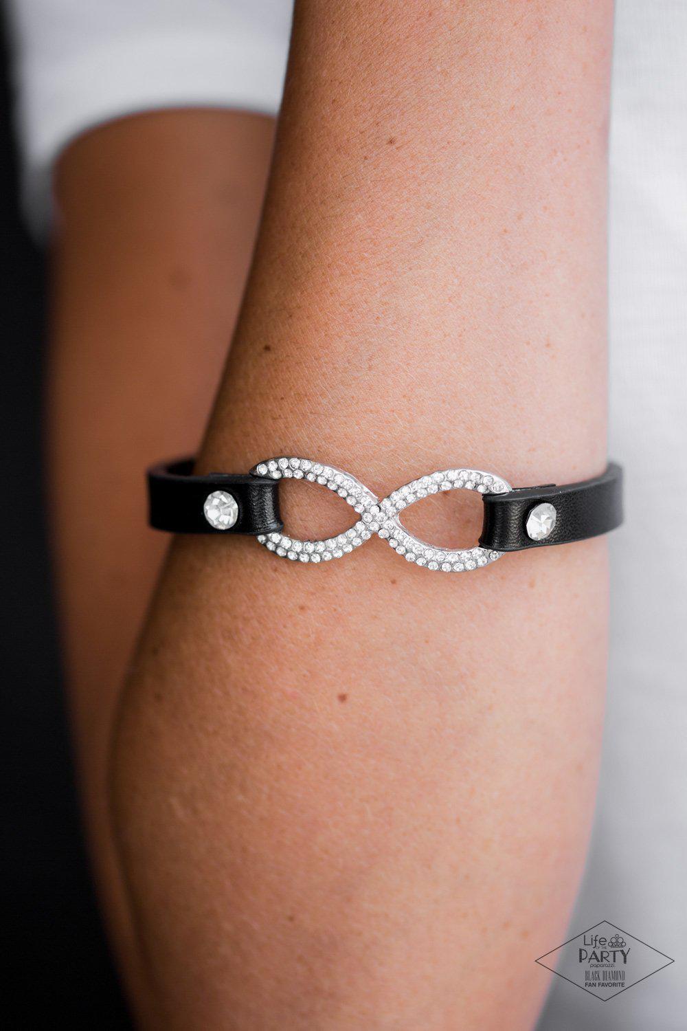 Innocent Till Proven GLITZY! Black Leather Infinity Wrap Snap Bracelet - Paparazzi Accessories- lightbox - CarasShop.com - Paparazzi Jewelry by Cara Jewels