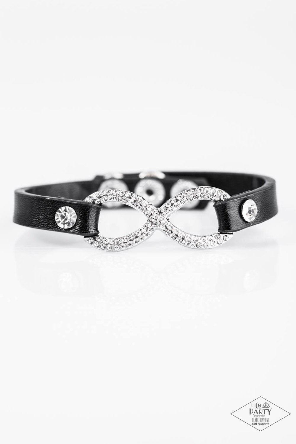 Innocent Till Proven GLITZY! Black Leather Infinity Wrap Snap Bracelet - Paparazzi Accessories- on model - CarasShop.com - Paparazzi Jewelry by Cara Jewels