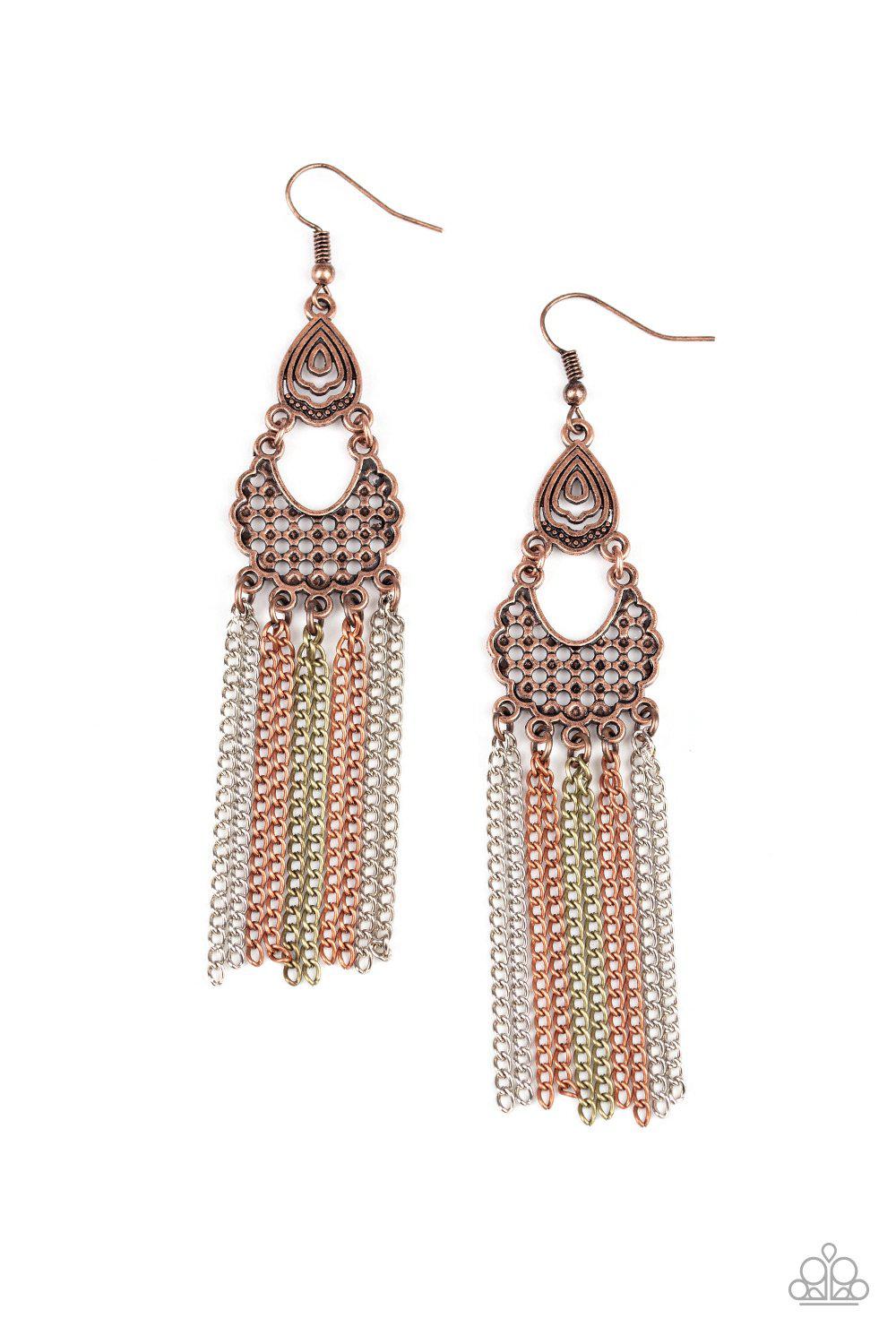 Insane Chain Multi Copper, Silver and Brass Chain Fringe Earrings - Paparazzi Accessories- lightbox - CarasShop.com - Paparazzi Jewelry by Cara Jewels