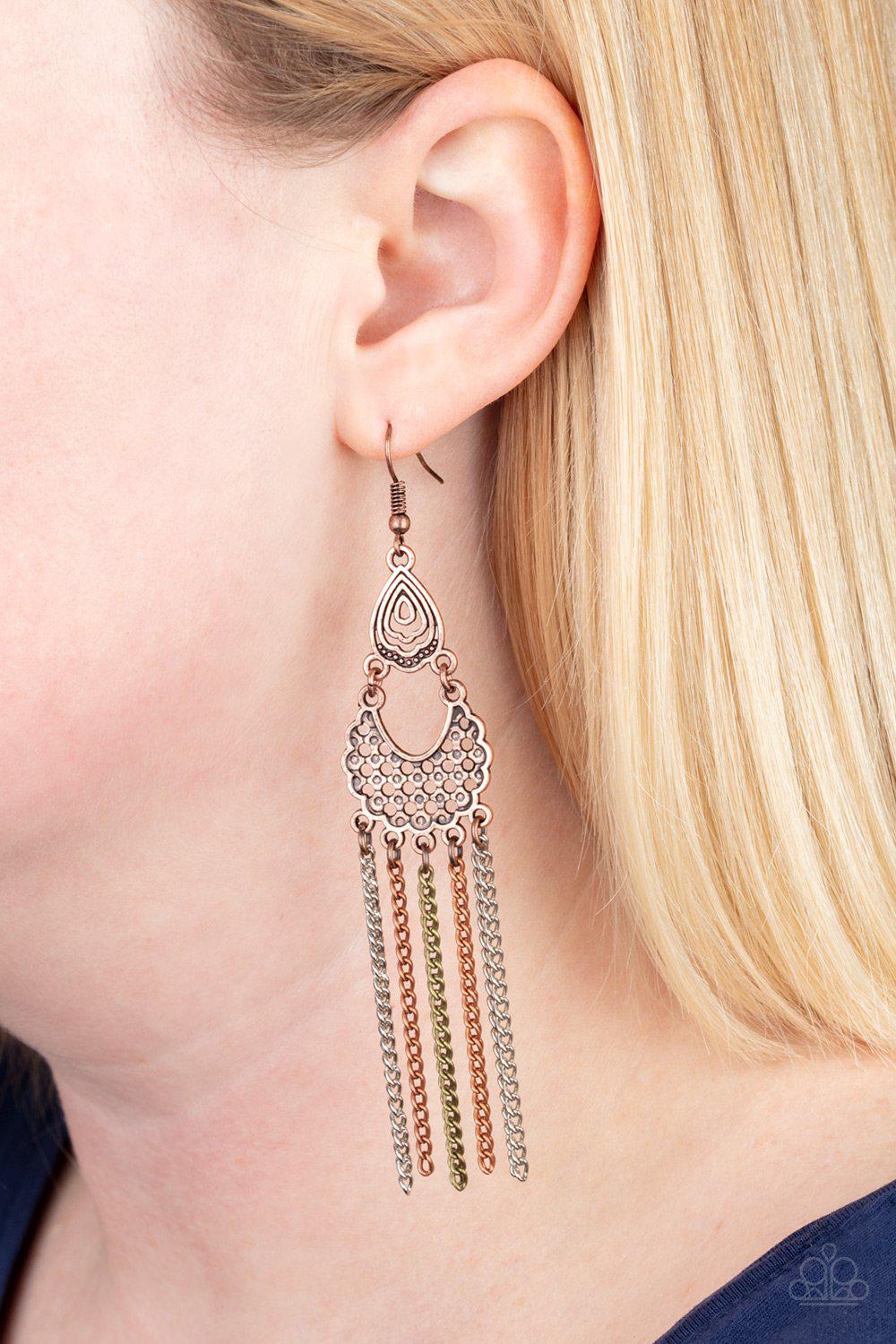 Insane Chain Multi Copper, Silver and Brass Chain Fringe Earrings - Paparazzi Accessories- lightbox - CarasShop.com - Paparazzi Jewelry by Cara Jewels