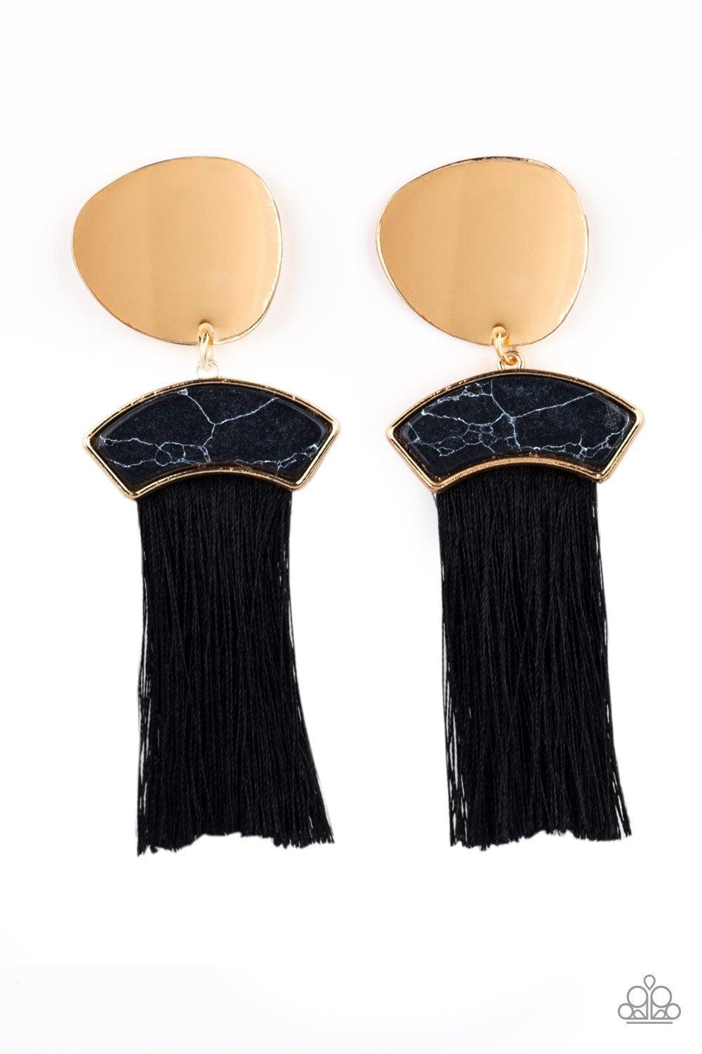 Insta Inca Black and Gold Tassel Earrings - Paparazzi Accessories- on model - CarasShop.com - Paparazzi Jewelry by Cara Jewels