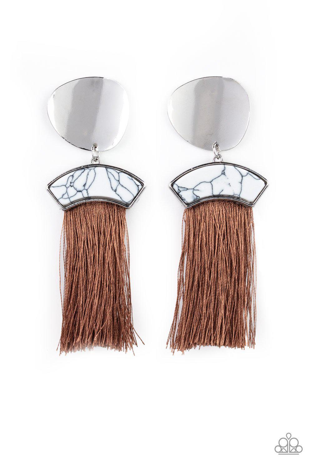 Insta Inca White and Brown Tassel Earrings - Paparazzi Accessories- lightbox - CarasShop.com - Paparazzi Jewelry by Cara Jewels