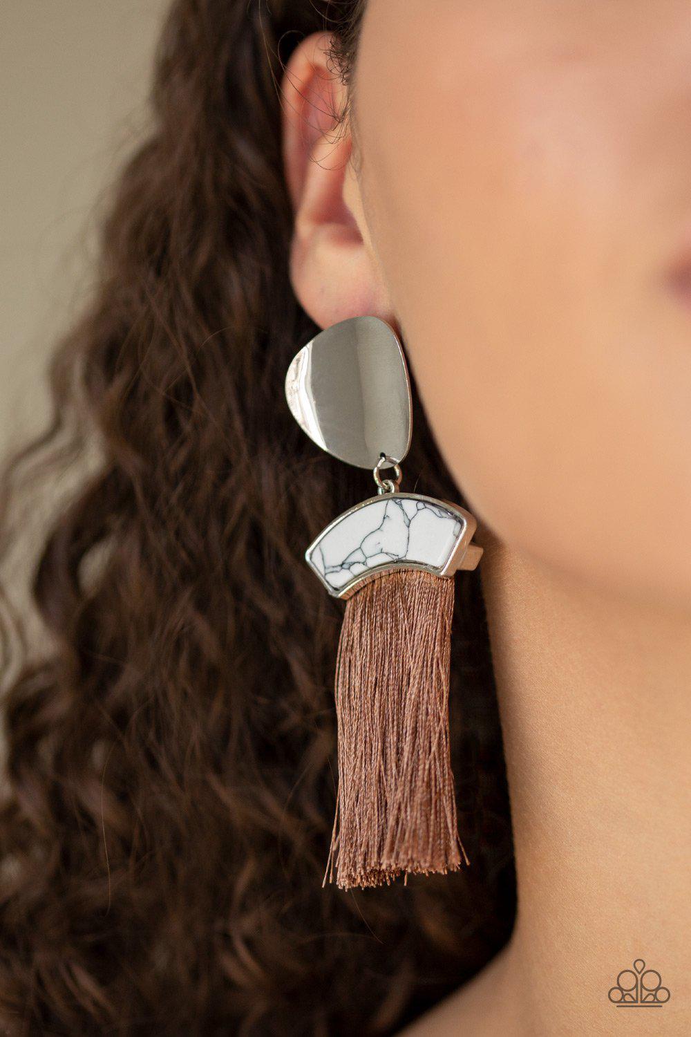 Insta Inca White and Brown Tassel Earrings - Paparazzi Accessories- lightbox - CarasShop.com - Paparazzi Jewelry by Cara Jewels