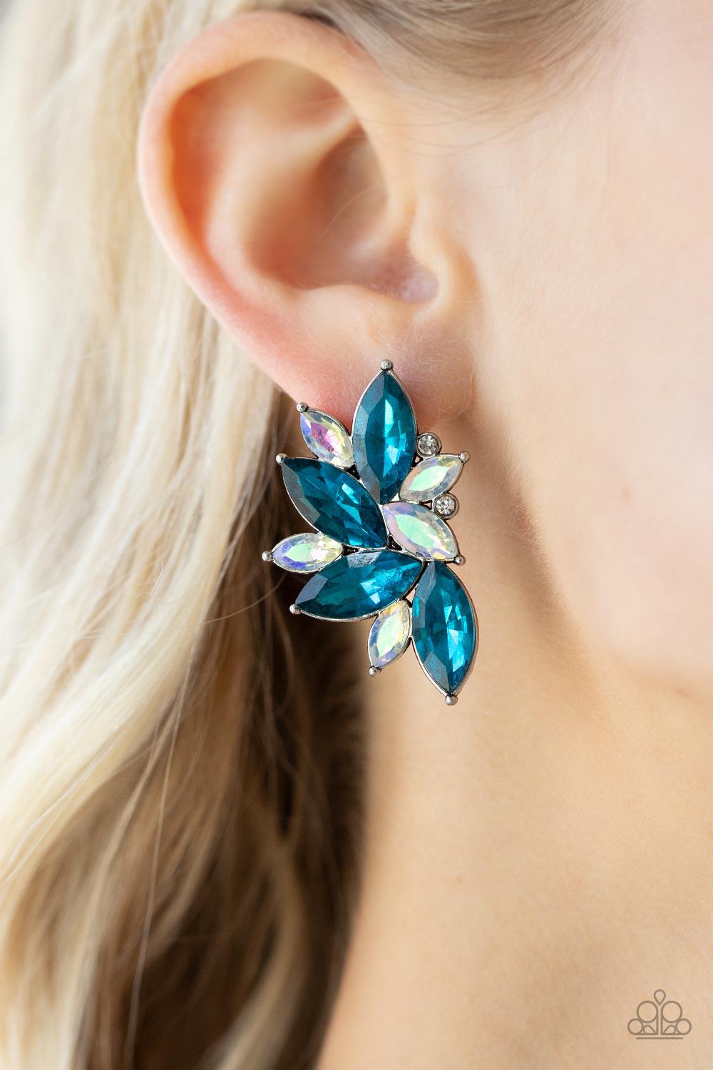 Instant Iridescence Blue Rhinestone Post Earrings - Paparazzi Accessories- on model - CarasShop.com - Paparazzi Jewelry by Cara Jewels