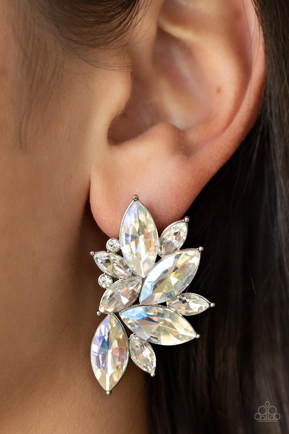 Instant Iridescence White Iridescent Rhinestone Earrings - Paparazzi Accessories- on model - CarasShop.com - Paparazzi Jewelry by Cara Jewels