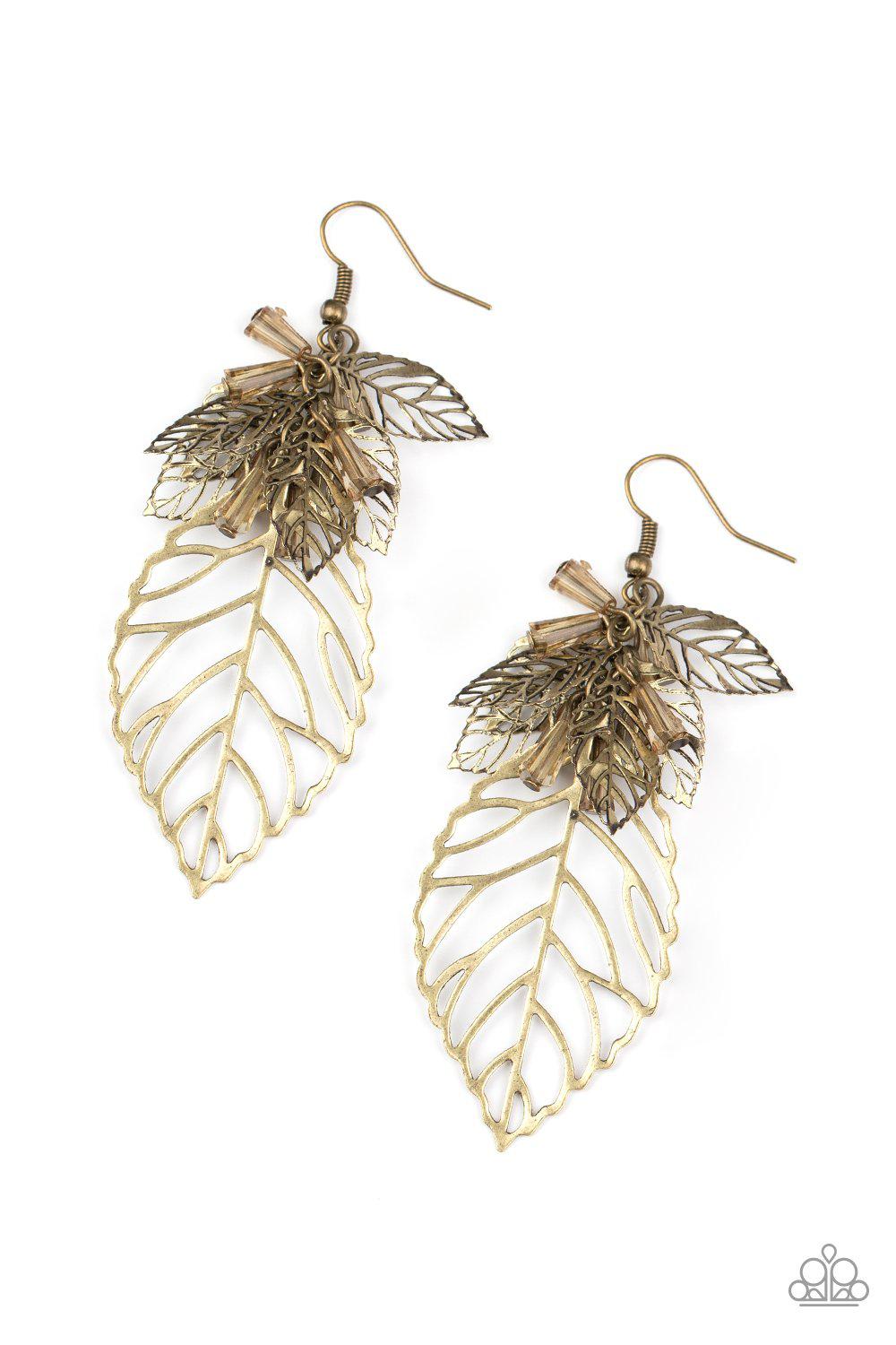 Instant Re-LEAF Brass Leaf Earrings - Paparazzi Accessories- on model - CarasShop.com - Paparazzi Jewelry by Cara Jewels