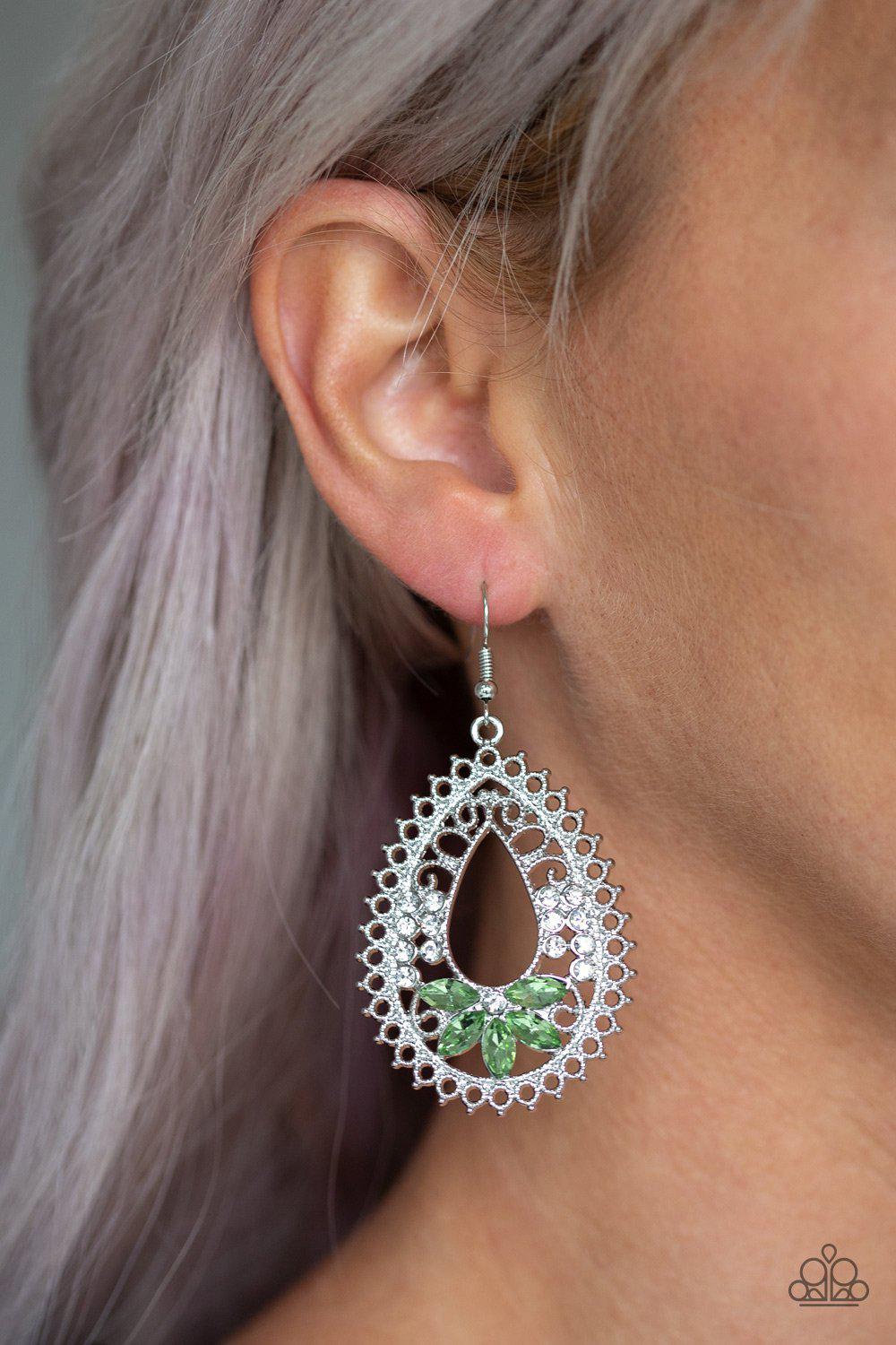 Instant REFLECT Green and White Rhinestone Earrings - Paparazzi Accessories- lightbox - CarasShop.com - Paparazzi Jewelry by Cara Jewels