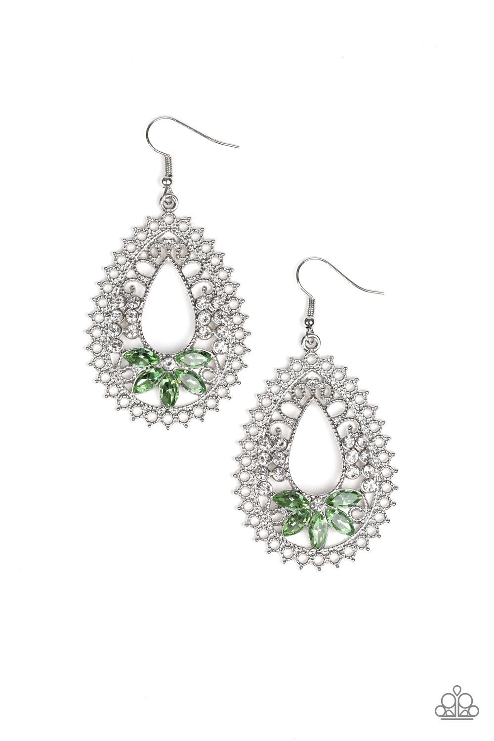 Instant REFLECT Green and White Rhinestone Earrings - Paparazzi Accessories- on model - CarasShop.com - Paparazzi Jewelry by Cara Jewels