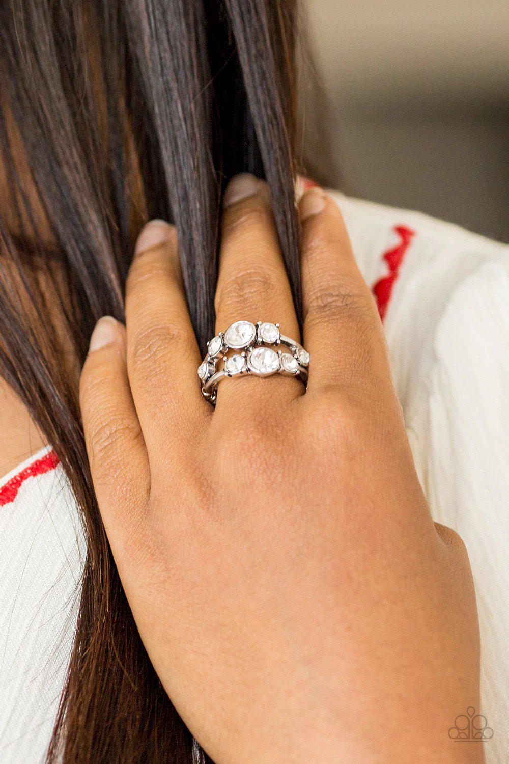 Interstellar Fashion White Rhinestone Ring - Paparazzi Accessories- on model - CarasShop.com - Paparazzi Jewelry by Cara Jewels