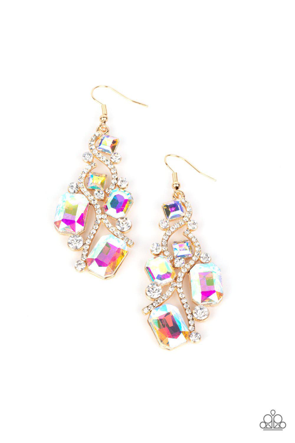 Interstellar Illumination Multi Iridescent and White Rhinestone Earrings - Paparazzi Accessories- lightbox - CarasShop.com - Paparazzi Jewelry by Cara Jewels