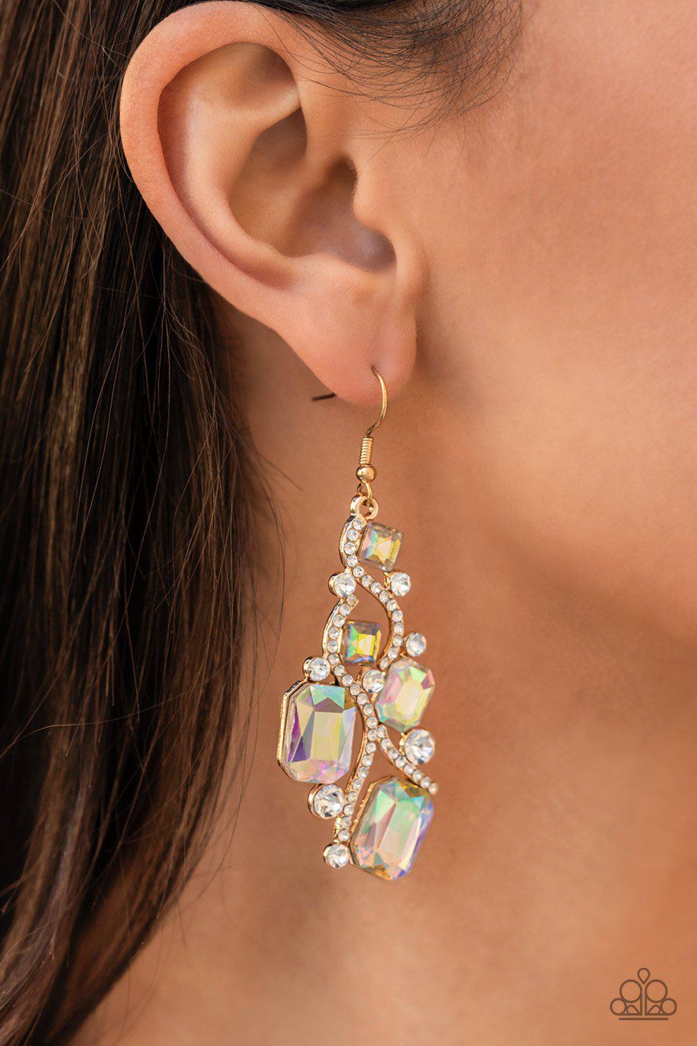 Interstellar Illumination Multi Iridescent and White Rhinestone Earrings - Paparazzi Accessories- on model - CarasShop.com - Paparazzi Jewelry by Cara Jewels