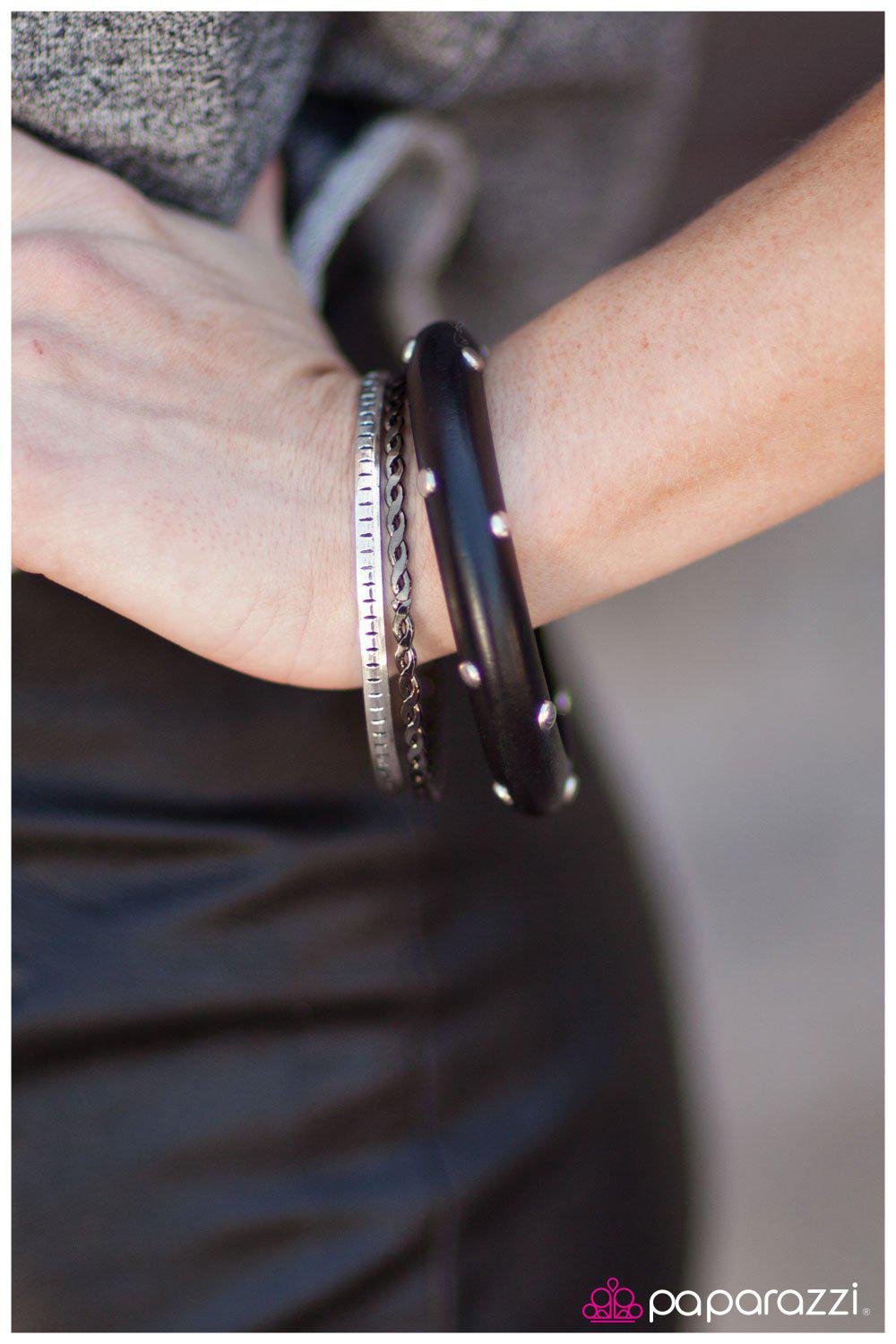 Into Obsidian Black Wood and Silver Bangle Set - Paparazzi Accessories- lightbox - CarasShop.com - Paparazzi Jewelry by Cara Jewels