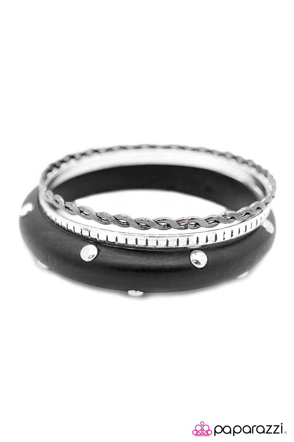 Into Obsidian Black Wood and Silver Bangle Set - Paparazzi Accessories- on model - CarasShop.com - Paparazzi Jewelry by Cara Jewels