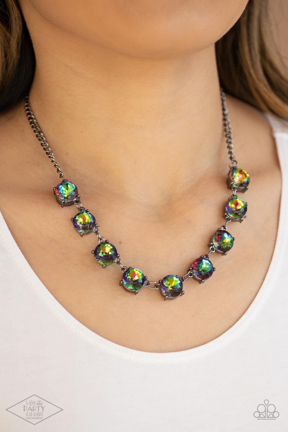 Iridescent Icing Multi "Oil Spill" Rhinestone Necklace - Paparazzi Accessories- on model - CarasShop.com - Paparazzi Jewelry by Cara Jewels